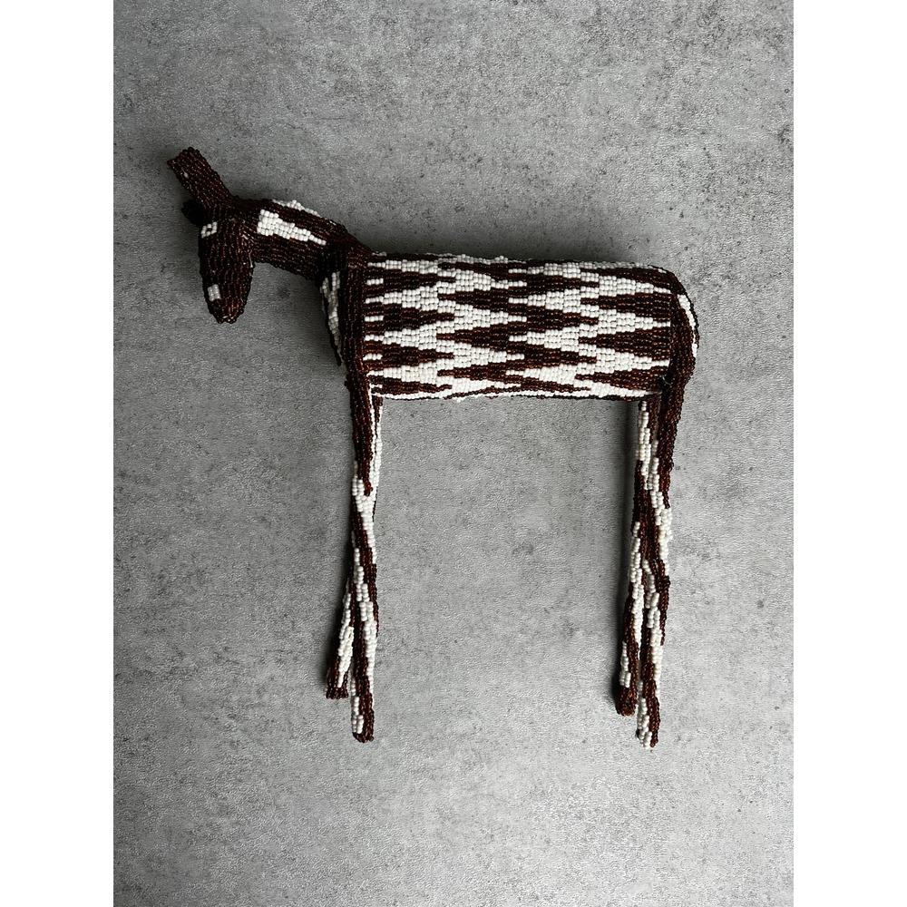 Large African Hand Beaded Animal Figurine Brown White Folk Art Horse Donkey